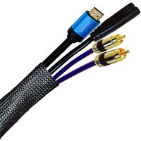 Black braided sleeving by Cablenet, 50m length, fits cables 8mm-17mm, LSOH material, shown with various cables inside.