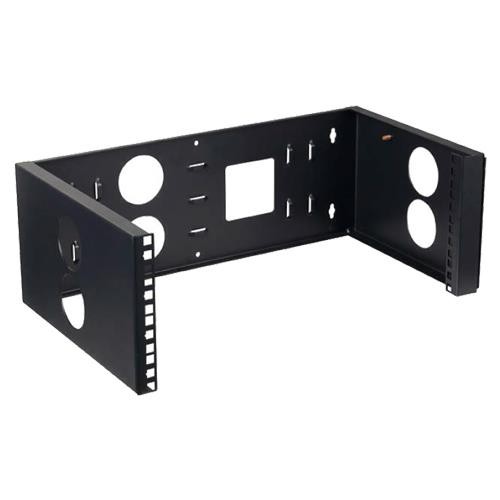 Black metal mounting bracket with multiple cutouts and holes for cable management and mounting, featuring a sturdy design suitable for various installations.