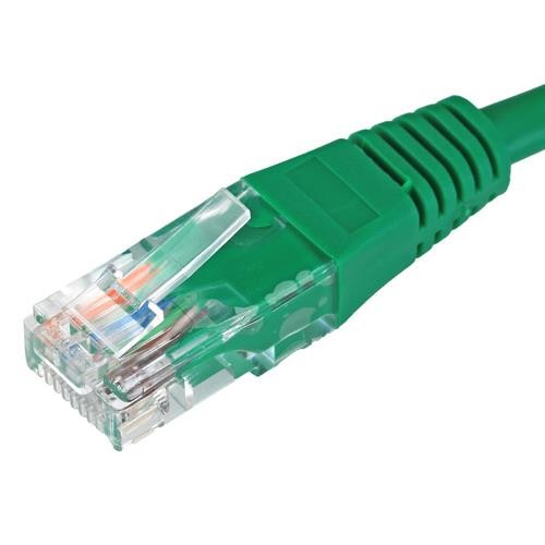 Green 5m Cat5e RJ45 Ethernet cable with a flush moulded boot, U/UTP PVC material, and 24AWG wiring, featuring a transparent connector showing internal wires.