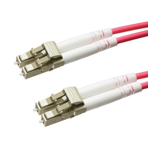 5m OM4 50/125 LC-LC duplex fibre patch lead in vibrant violet with two beige connectors, featuring a flexible, low smoke zero halogen (LSOH) material.