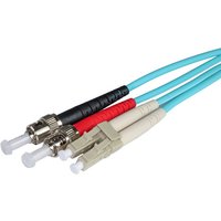 Aqua Cablenet 5m OM4 LC-ST duplex fibre patch lead with LSOH jacket and distinct red, black, beige connectors.