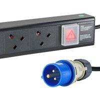 Black Cablenet 6 Way UK Horizontal 1u PDU with blue 16Amp Commando plug and 3m cable feed.
