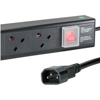 Black 1u PDU with 8 UK sockets, red switch, and 3m IEC-C14 power cord by Cablenet.