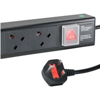 Black Cablenet 8 Way UK Horizontal 1u PDU with red switch, two UK sockets, and 3m cable with UK plug.