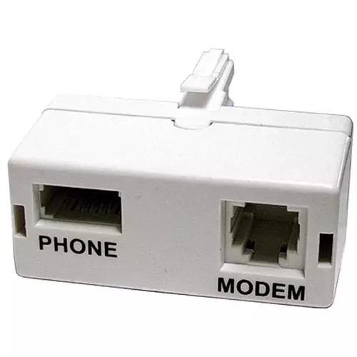 White plastic ADSL microfilter adaptor with two ports labeled "PHONE" and "MODEM," featuring a clip for secure attachment.