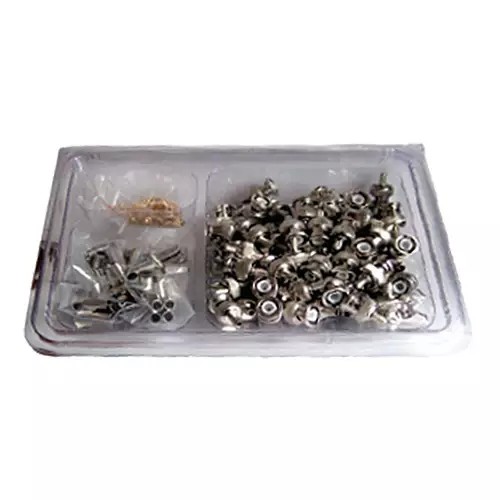 A clear plastic packaging containing 100 silver diecast BNC crimp plugs and connectors, showcasing their metallic finish and various components for cable assembly.