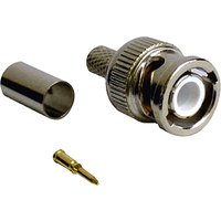 Silver Cablenet BNC crimp plug RG59 diecast with knurled grip and gold pin connector.