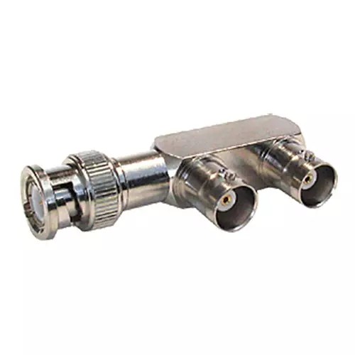 Silver metal BNC F adaptor with one plug and two sockets, featuring a cylindrical connector on one end and two parallel sockets on the opposite side.
