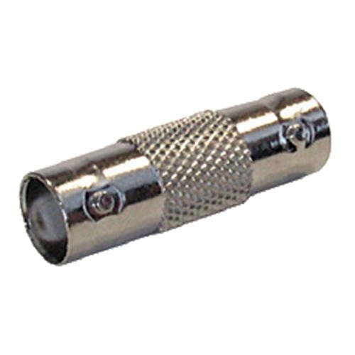 BNC inline socket coupler in silver metal, featuring a knurled grip for easy handling and two female connectors for 50 Ohm cable connections.