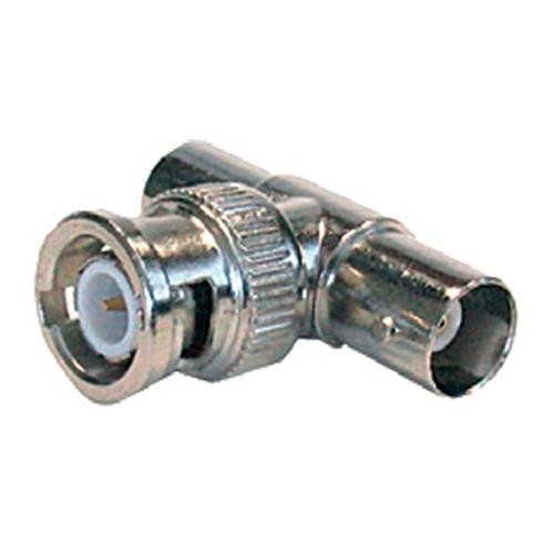 Silver metal BNC T adaptor with one plug and two sockets, featuring a textured grip for easy handling and a cylindrical design for secure connections.