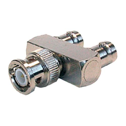 Silver metal BNC Y adaptor with one plug and two socket connections, featuring a knurled grip for easy installation and a compact design for versatile use.