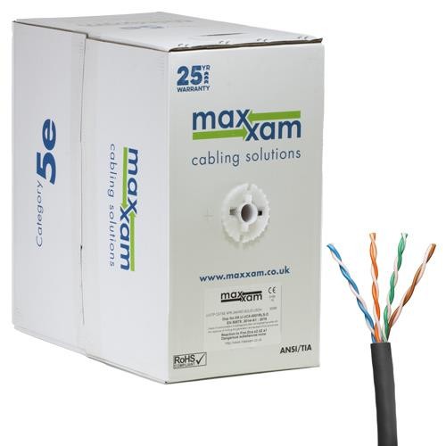 Black Cat5e U/UTP LSOH 24AWG solid CPR Dca cable in a 305m Reelex box, featuring color-coded twisted pairs in orange, blue, green, and brown.