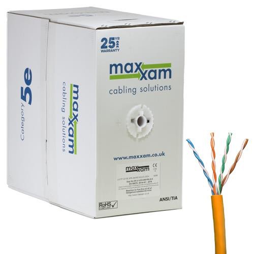 Orange Cat5e U/UTP LSOH 24AWG solid CPR Dca cable in a 305m Reelex box, featuring color-coded twisted pairs for easy installation and identification.