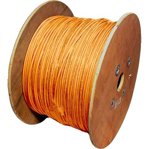 Orange Cat5e U/UTP LSOH 24AWG stranded patch cable on a wooden reel, showcasing a 500m length and smooth, flexible texture.