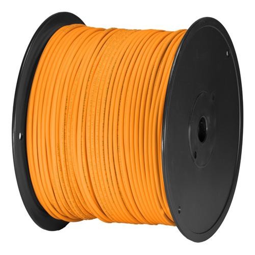 Orange Cat5e U/UTP PVC 24AWG stranded patch cable on a black spool, featuring a 305m length for networking applications.