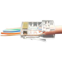 Transparent Cablenet Cat5e RJ45 UTP EZ Easy Plug with exposed multicolored wires and gold connectors.