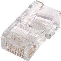 Clear Cablenet Cat5e RJ45 UTP flat crimp plug with transparent casing and visible gold connectors.