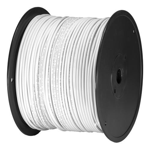 White U/UTP PVC 24AWG stranded patch cable on a black spool, featuring a 305m length for networking applications.