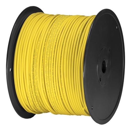 Yellow Cat5e F/UTP PVC 26AWG stranded patch cable on a black spool, featuring a length of 305 meters, ideal for networking applications.