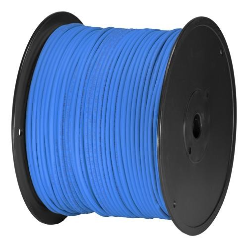 Blue Cat6 U/UTP PVC 24AWG stranded patch cable on a black spool, featuring a 305m length, designed for high-speed networking.