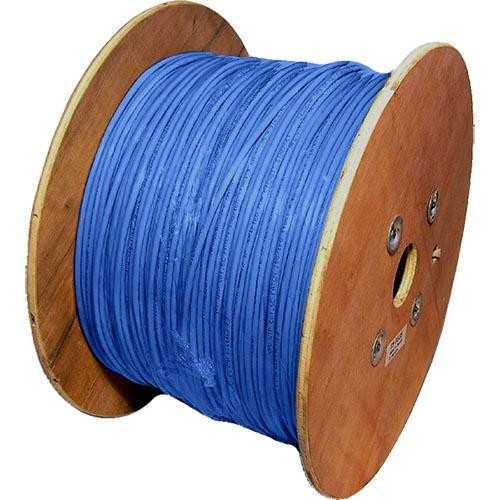Blue U/UTP PVC 24AWG stranded Cat6 patch cable on a wooden reel, featuring a 500m length for versatile networking applications.