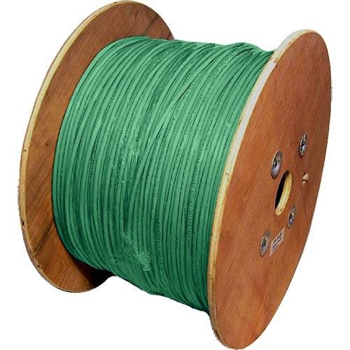 Green Cablenet Cat6 F/UTP LSOH 26AWG stranded patch cable on a wooden reel, showcasing a 500m length for networking applications.