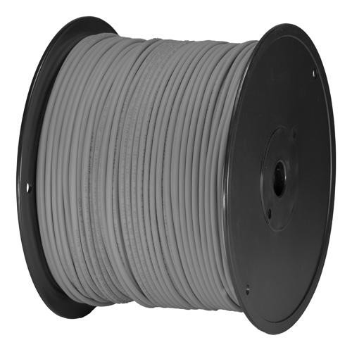 Grey U/UTP PVC Cat6 patch cable on a black spool, featuring 24AWG stranded wires, with a total length of 305 meters.
