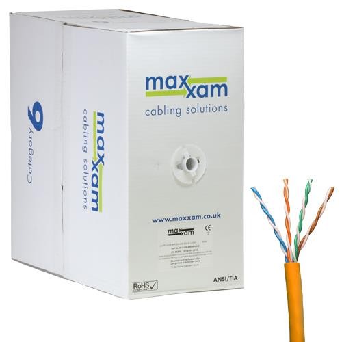 Orange Cablenet Cat6 U/UTP LSOH 23AWG solid CPR Dca cable in a 305m Reelex box, featuring twisted pairs in blue, orange, green, and brown.