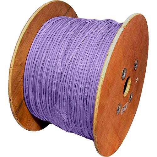 Violet Cat6 U/UTP LSOH 24AWG stranded patch cable on a wooden reel, showcasing a smooth, flexible design suitable for networking applications.