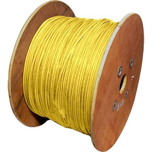 Yellow Cablenet Cat6 U/UTP PVC 24AWG stranded patch cable on a wooden reel, featuring a smooth, durable exterior and designed for networking applications, with a length of 500 meters.