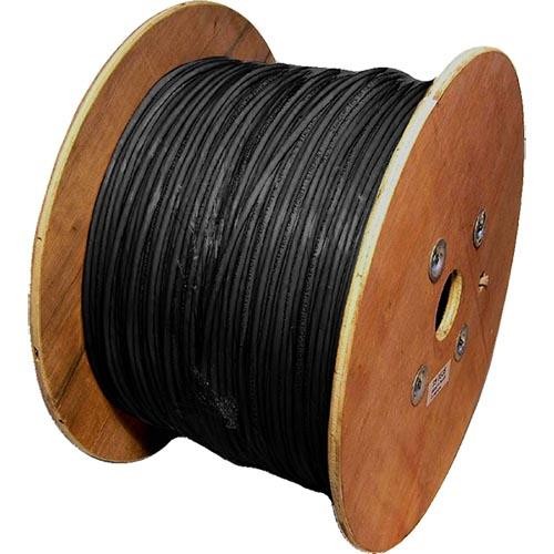 Black S/FTP Cat6a patch cable on a wooden reel, featuring 26AWG stranded construction, designed for high-speed networking, with a total length of 500 meters.