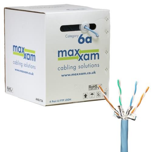 Cablenet Cat6a Ice Blue U/FTP LSOH 23AWG Solid CPR Dca cable on a 305m reel, featuring a light blue outer sheath and four twisted pairs with color-coded wires.