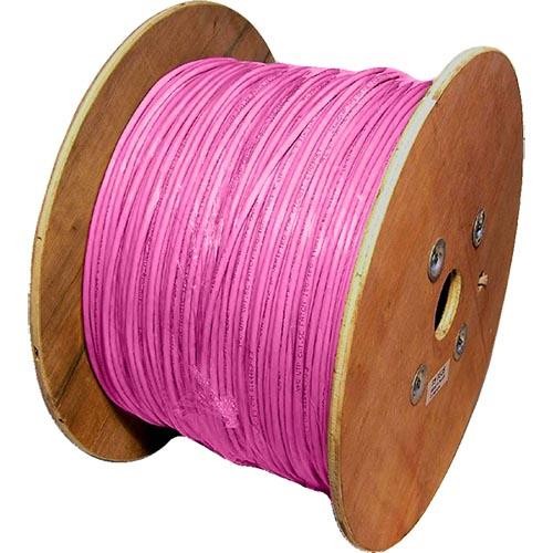 Pink S/FTP Cat6a patch cable on a wooden reel, featuring 26AWG stranded construction, designed for high-speed data transmission, with a length of 500 meters.