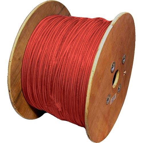 Red S/FTP Cat6a patch cable on a wooden reel, featuring 26AWG stranded wire, designed for high-speed data transmission, with a length of 500 meters.