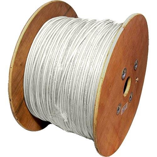 White S/FTP Cat6a patch cable on a wooden reel, featuring 26AWG stranded construction, suitable for high-speed networking, with a length of 500 meters.