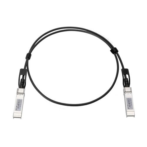 Black 5-meter InfiniBand/fibre optic cable with SFP+ connectors at both ends, featuring metallic silver housings and a flexible design for high-speed data transmission.