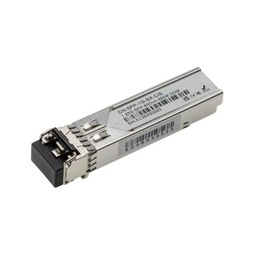 Cablenet CN-SFP-1G-SX-CIS fiber optic transceiver module in silver metal casing, featuring a black connector and labeled with product information and barcodes.