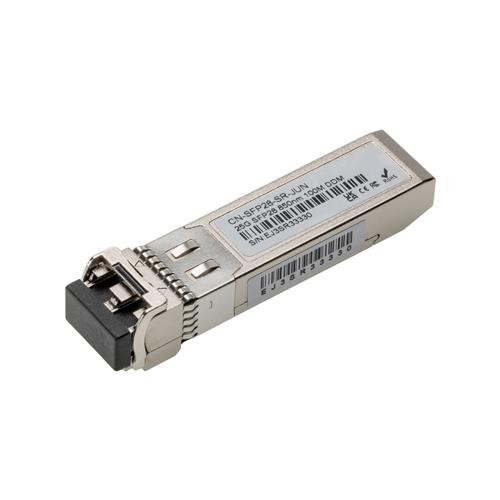 Silver metal network transceiver module with a black optical connector, labeled "CN-SFP28-SR-JUN," designed for fiber optic connections, featuring a compact, rectangular shape.