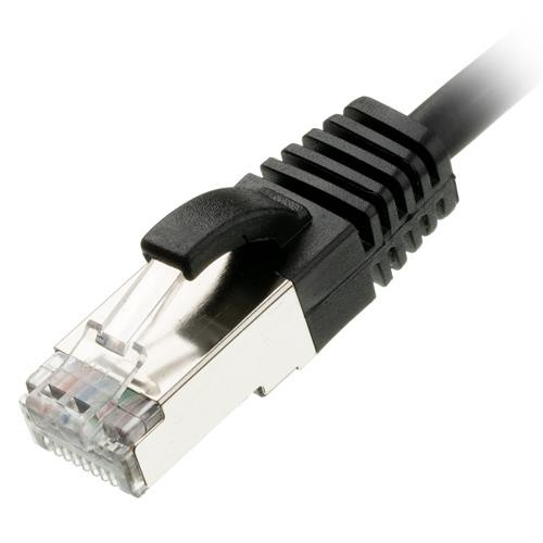 Black 0.25-meter Cat 6 UTP Ethernet cable with a slim design, featuring a transparent connector and a plastic clip for secure connection.