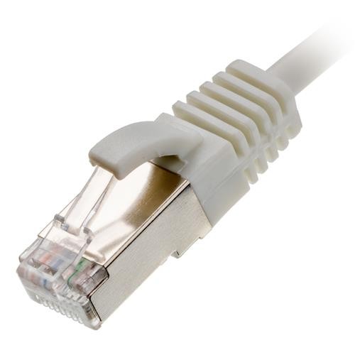 White Cat 6 UTP Ethernet cable with a slim design, featuring a clear plastic connector and a locking tab for secure connection, measuring 0.25 meters in length.
