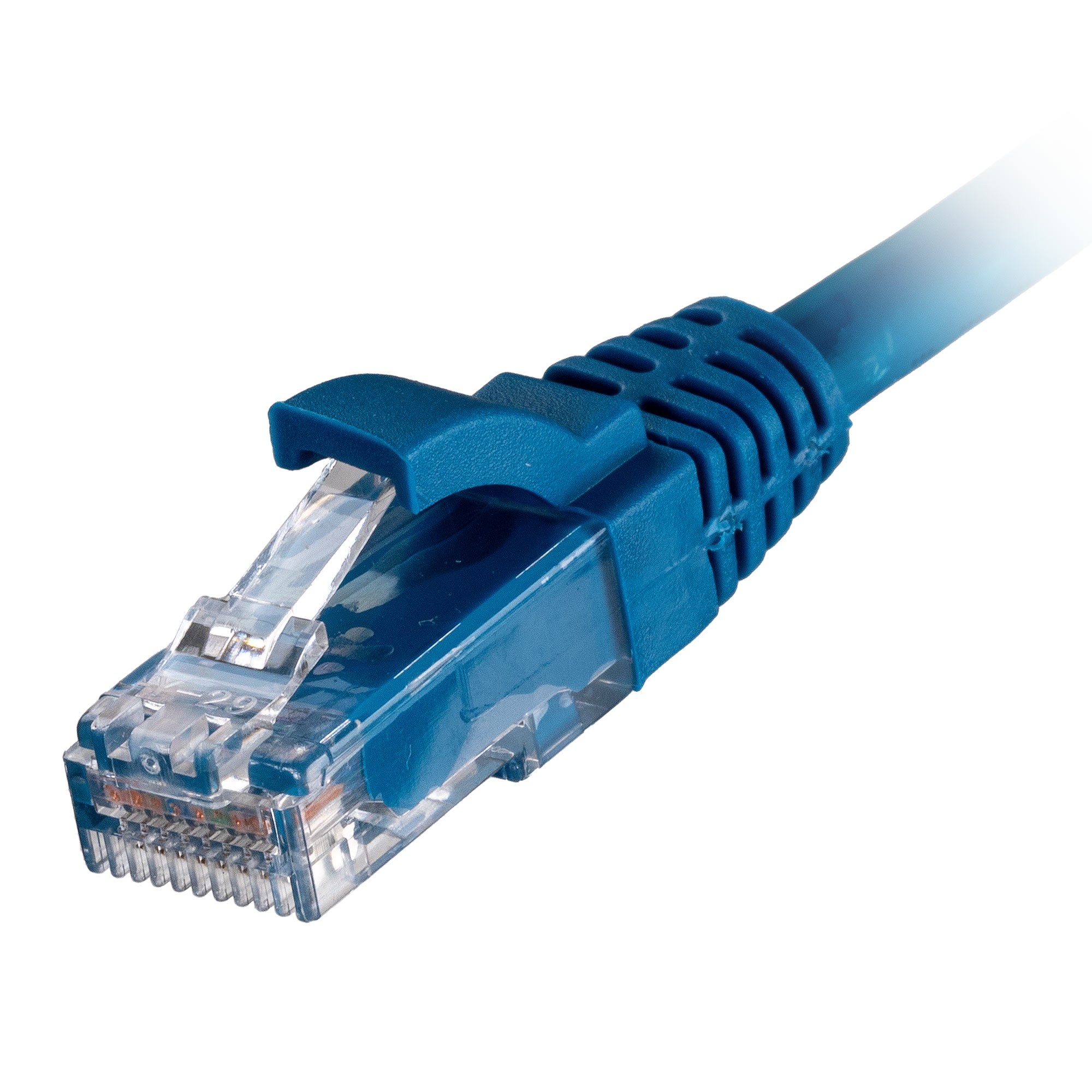Blue Ethernet cable with a clear plastic connector, featuring a clip for secure attachment and 24AWG wire gauge, designed for UTP networking applications.