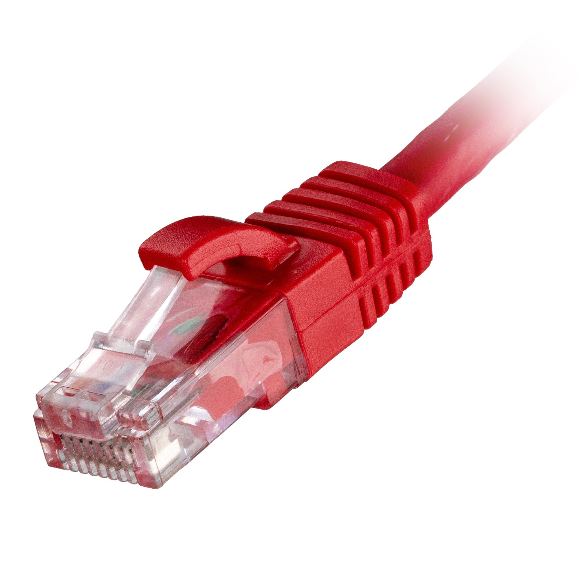 Red 0.2-meter Cat 6 UTP Ethernet cable with a clear plastic connector and a clip for secure connection, featuring 24AWG wire gauge for optimal performance.