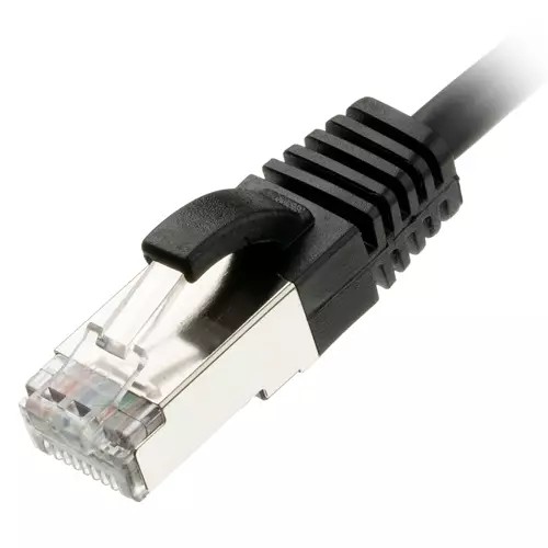 Black 0.5-meter Ethernet cable with a slim design, featuring a transparent connector with a clip and a 30AWG gauge, ideal for network connections.