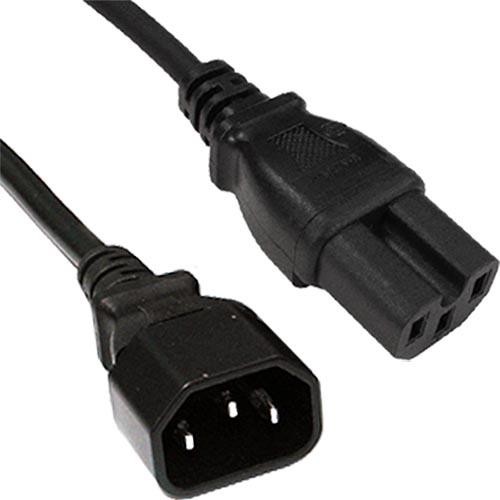 Black rubber power cable with C14 and C15 connectors, featuring a 0.75mm diameter and a length of 0.75 meters, designed for electrical connections.