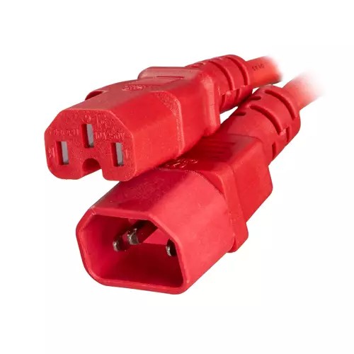 Red IEC C14 to C15 power cable, 1 meter long, featuring durable rubber material and 0.75mm wire gauge, designed for reliable electrical connections.