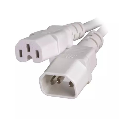 White IEC C14 to C15 power cable, 1 meter long, featuring durable rubber material with a 0.75MM wire gauge, designed for secure electrical connections.