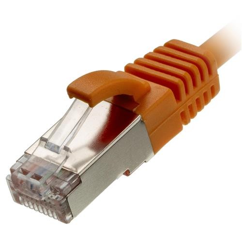 Orange 30AWG Ethernet cable with a slim design, featuring a clear plastic connector and a clip for secure attachment, ideal for networking applications.