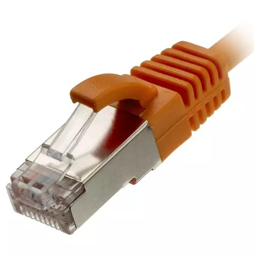 Orange 30AWG Ethernet cable with a slim design, featuring a transparent plastic connector and a secure locking tab for reliable connectivity.