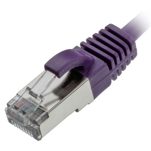 Purple Ethernet cable with a slim design, featuring a clear plastic connector and a molded strain relief for durability, labeled as Cablenet CNL 2M C6 Vi UTP Ls 30AWG.