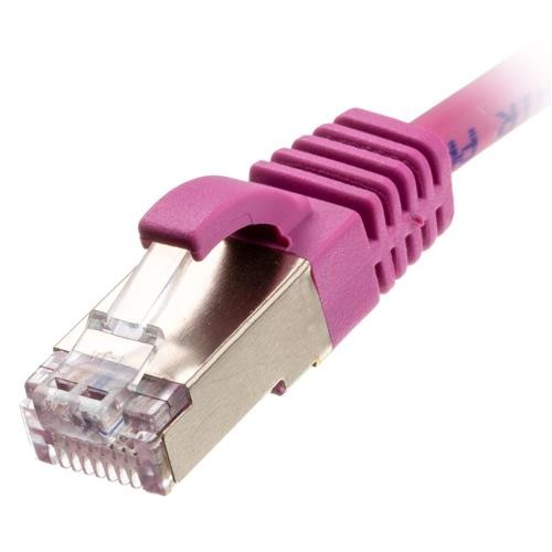 Pink 2-meter Ethernet cable with a slim design, featuring a transparent plastic connector and metal clip, labeled as Cablenet CNL 2M C6a Pk UFTP Ls 30AWG.